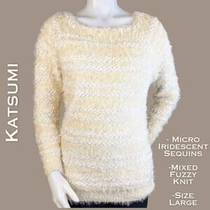 Katsumi Sequin Sweater Large Cream White Fuzzy Raised Stripe Holiday Long Sleeve